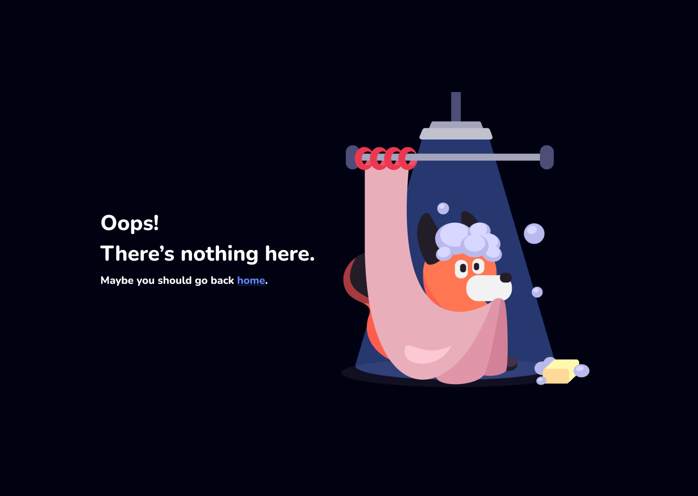 The 404 error page design of zorro.management, a project management web app.
                Text: Oops! There's nothing here. Maybe you should go back home.
                Created by Laura Bacher webdesigner project manager
                UI/UX graphic designer.